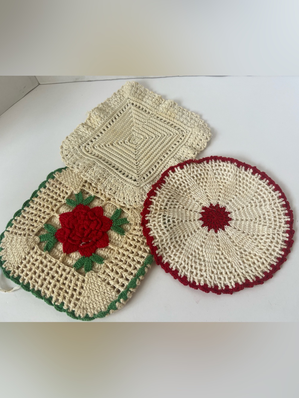 Vintage Handmade Doilies Lot of 3 One with rose center. Approximately 7 inches